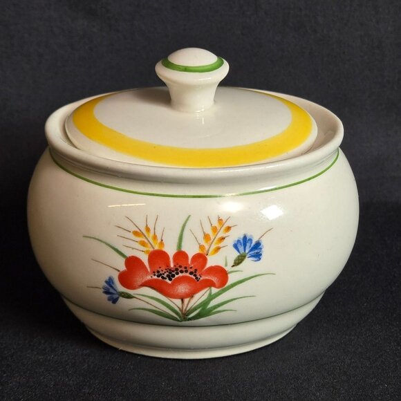 Vintage Arabia Sugar Bowl w Lid Finland Vintage Orange Poppy Red Yellow Suomi 3" - Picture 1 of 11